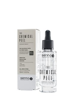 The Chemical Peel by Sienna X. The image shows the product bottle stood to the right and in front of the product box packaging.