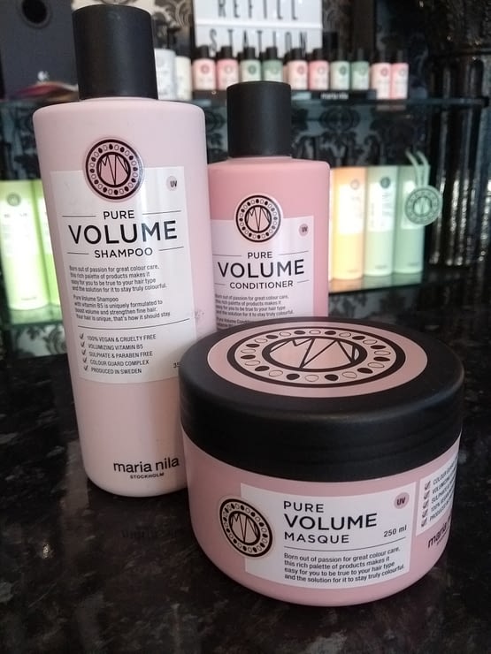 Pure Volume by Sienna X. The image shows 3 products. 2 bottles at the back and a tub at the front. All pink in colour with black lids