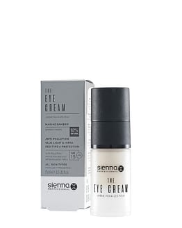 anti-wrinkle eye cream by sienna x. The image shows a small cylindrical bottle stood to the right of the product packaging. all packaging is recyclable.