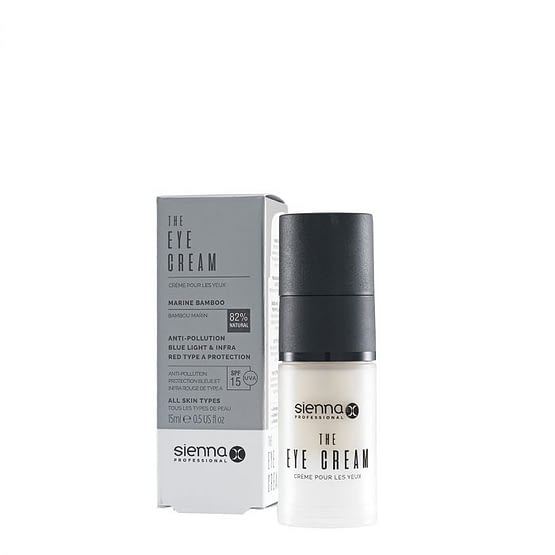 anti-wrinkle eye cream by sienna x. The image shows a small cylindrical bottle stood to the right of the product packaging. all packaging is recyclable.