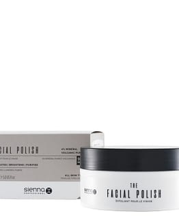 The Facial Polish by Sienna X. The image shows a jar of the product placed to the right and in front of the box packaging.
