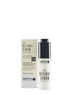 The retinol serum by Sienna x. This image shows the product bottle sat to the right and slightly in front of the product box packaging.