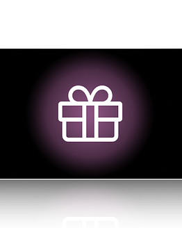 Black card with a purple gift wrapped in white ribbon