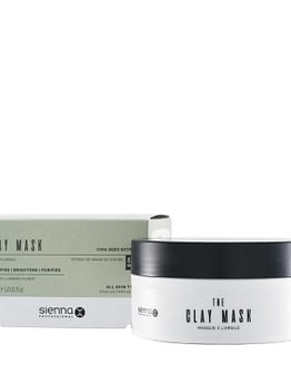 The Clay Mask by Sienna X. The image shows the product tub sat to the right and in front of the product box packaging.