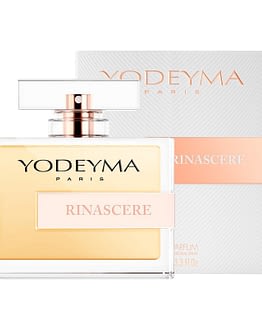 This is a 100ML square glass bottle positioned in front of the box packaging, of Rinascere perfume by Yodeyma. This scent is similar to Gabrielle by Chanel.