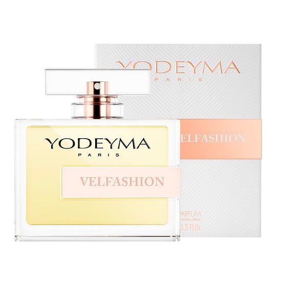 This is a 100ML square glass bottle positioned in front of the box packaging, of Velfashion perfume by Yodeyma. This scent is similar to Allure by Chanel.