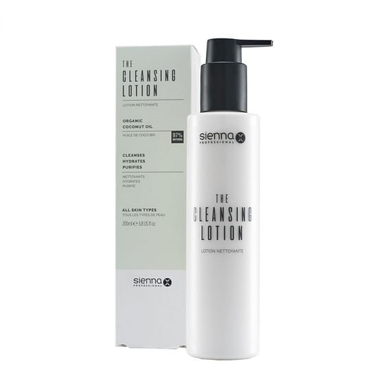 Cleansing lotion for the face. Tall cylindrical white bottle with black pump lid. This is positioned to the right slightly in front of the packaging box. All Sienna X packaging is recyclable.