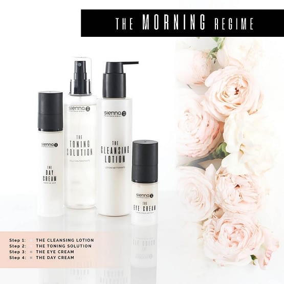 Saver Bundle. Sienna X. The Morning Regime. The image shows 4 product bottles for your morning routing. White in colour with black lids.